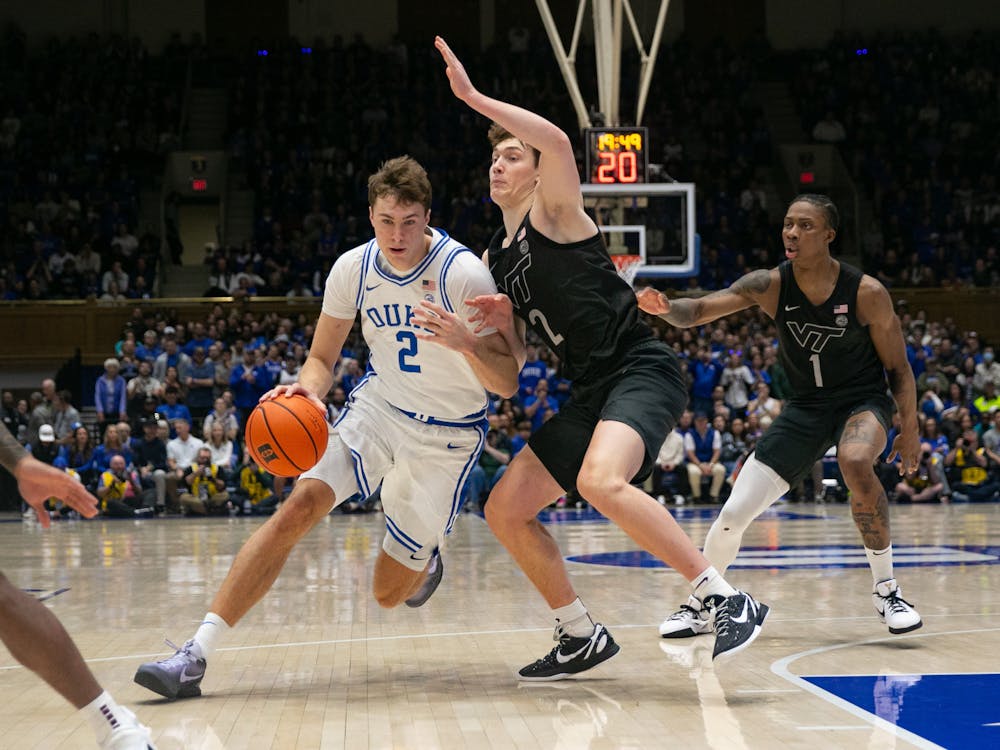 Cooper Flagg drives to the basket against Virginia Tech. 