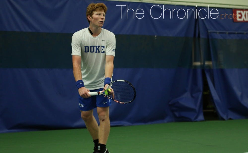 <p>Sophomore Ryan Dickerson fought hard like many of his teammates in a tight singles match but could not pull out a victory in the Blue Devils' first ACC loss.&nbsp;</p>