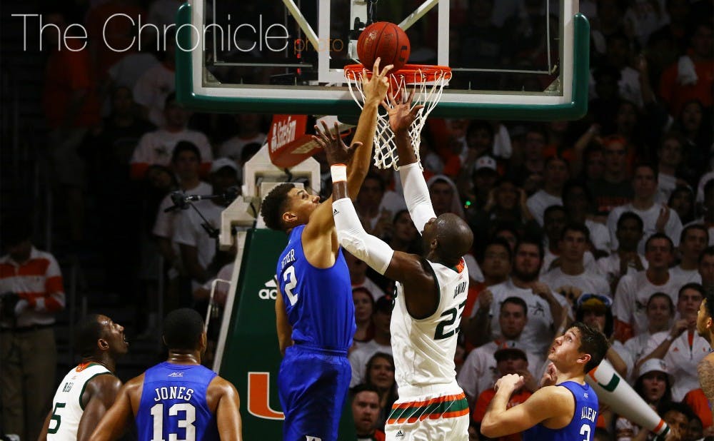Miami center Tonye Jekiri bothered the Blue Devils at the rim all night and collected 10 rebounds&mdash;six of them on the offensive glass&mdash;as the Hurricanes outmuscled Duke.