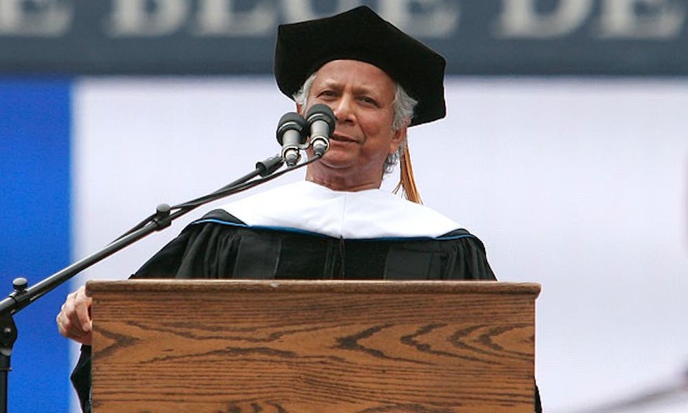 Nobel Peace Prize winner Muhammad Yunus speaks at last Sunday’s commencement, encouraging the Class of 2010 to use its knowledge and technology to make a difference.