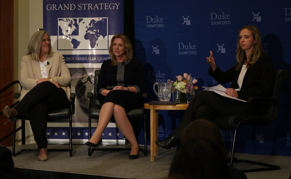 <p>Deborah Lee James, Trinity ’79 and secretary of the Air Force, and Sue Gordon, Trinity ’80 and deputy director of the National Geospatial-Intelligence Agency, discussed their careers and current national security issues Thursday.</p>