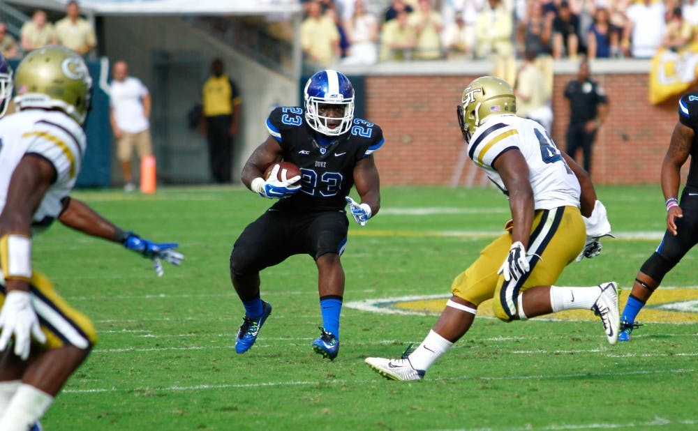 Redshirt sophomore Joseph Ajeigbe’s eight carries for 53 yards helped the Blue Devils upend Georgia Tech last year in Atlanta.