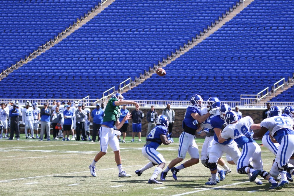 <p>Redshirt freshman quarterback&nbsp;Daniel Jones connected with wide receiver Chris Taylor from eight yards out for a touchdown during&nbsp;Saturday's scrimmage.</p>