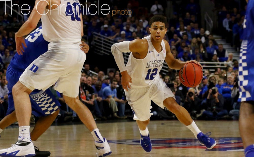 <p>Derryck Thornton was the first Blue Devil freshman to score Tuesday, but four turnovers helped Kentucky get out on the fast break and pad its lead.</p>