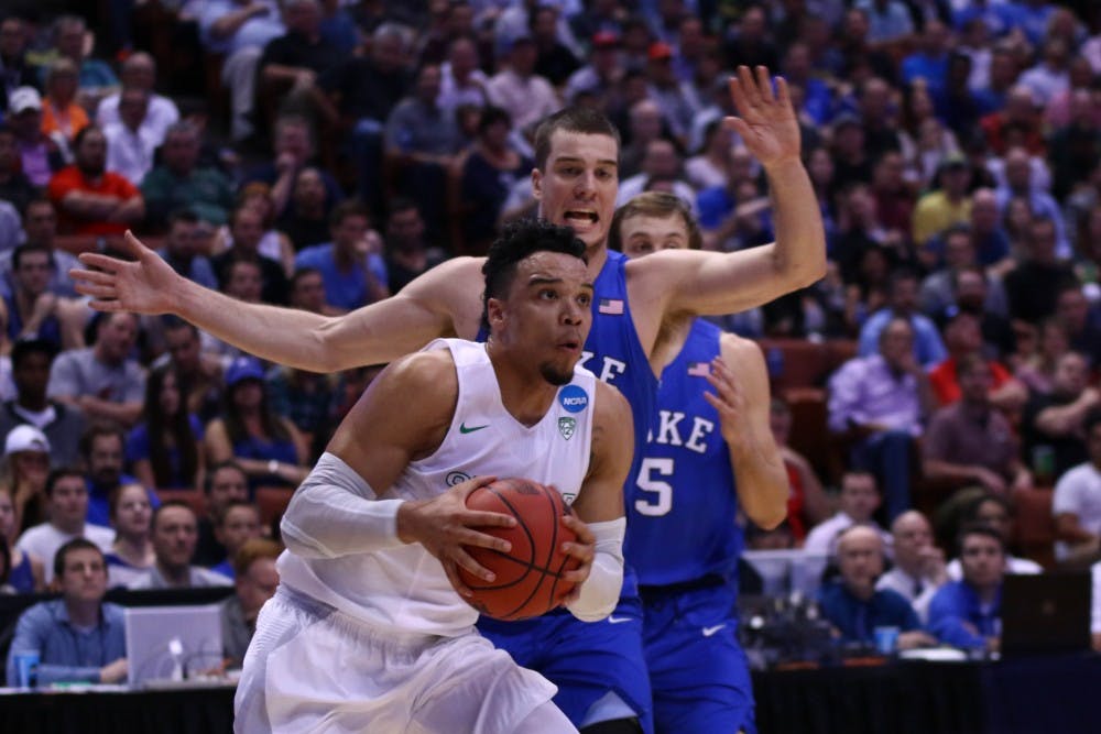 Sophomore Dillon Brooks led the Ducks with 22 points, five rebounds and six assists as the top-seeded Ducks bounced the Blue Devils from the NCAA tournament Thursday night.