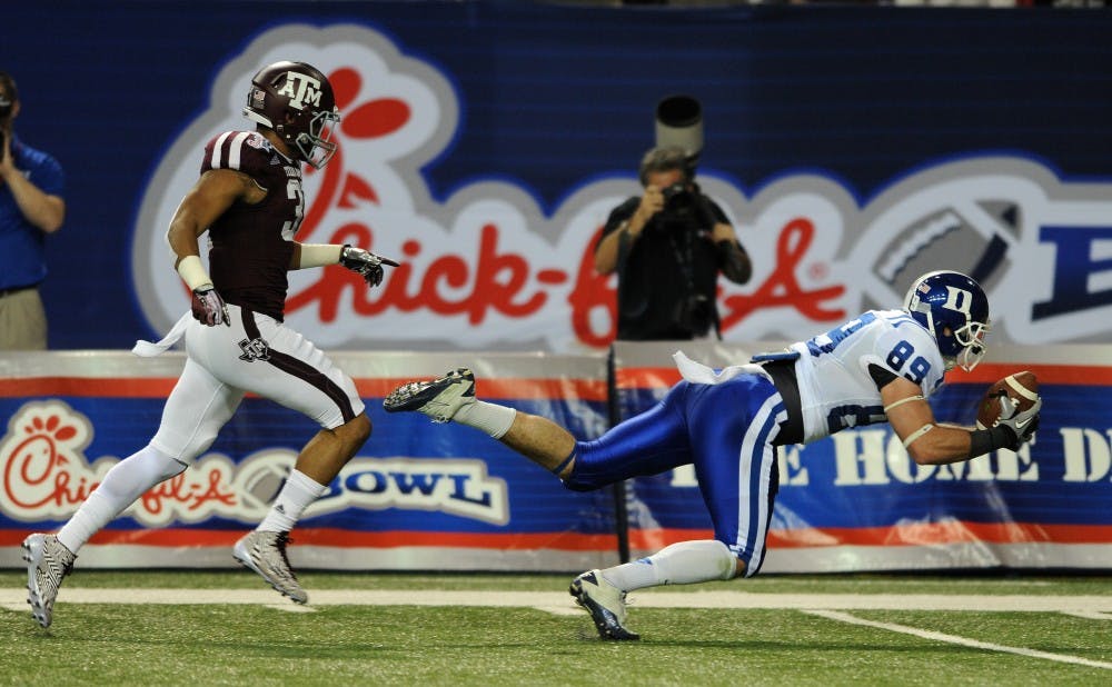Braxton Deaver's diving catch was one of many offensive plays the Blue Devils made in a Chick-fil-A Bowl loss to Texas A&M.