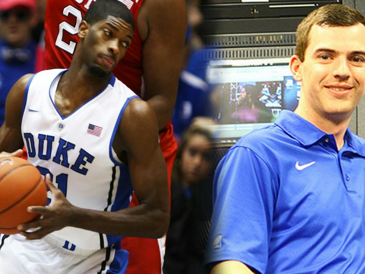 With help from Kevin Cullen (right) and a Duke professor, sophomore Amile Jefferson (left) is learning new advance metrics to analyze his rebounding thanks to his team's SportsVU technology.