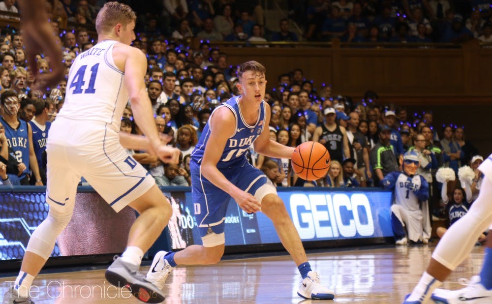 Alex O'Connell rocks one of his more tame hairstyles since coming to Duke here.