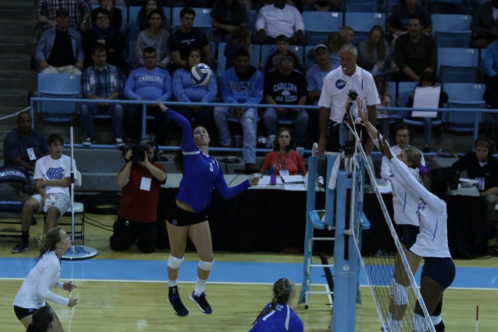 <p>Senior Emily Sklar notched a team-leading 15 kills, but Duke's 20 attack errors prevented them from staying close with North Carolina in the tail-end of Friday's matchup in Chapel Hill.</p>