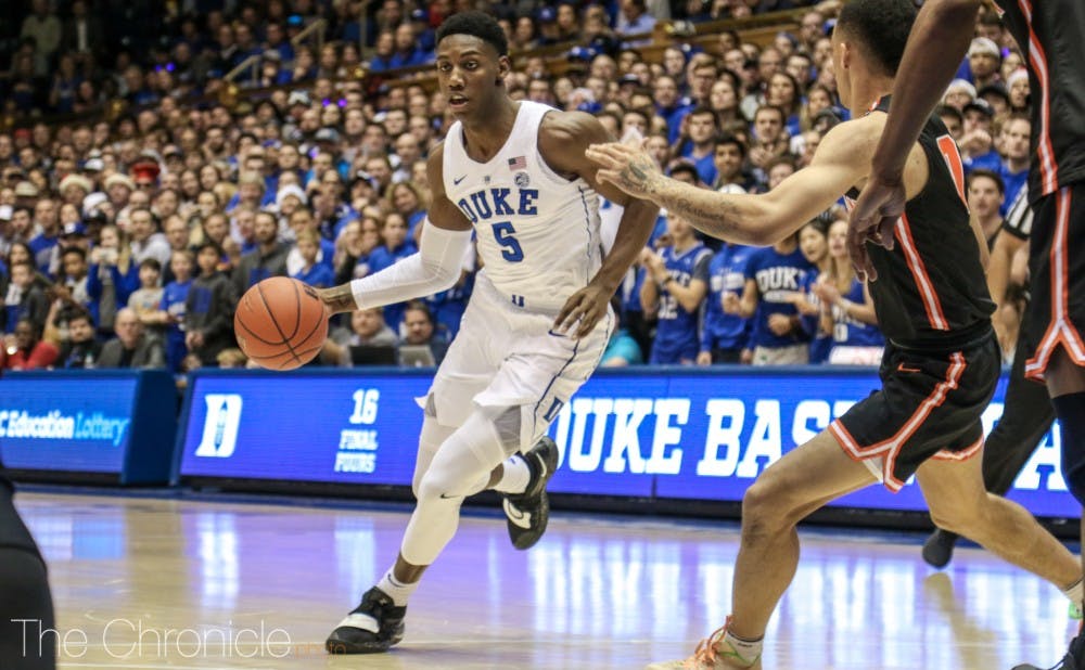 <p>R.J. Barrett was Duke's go-to option throughout Tuesday's contest.</p>