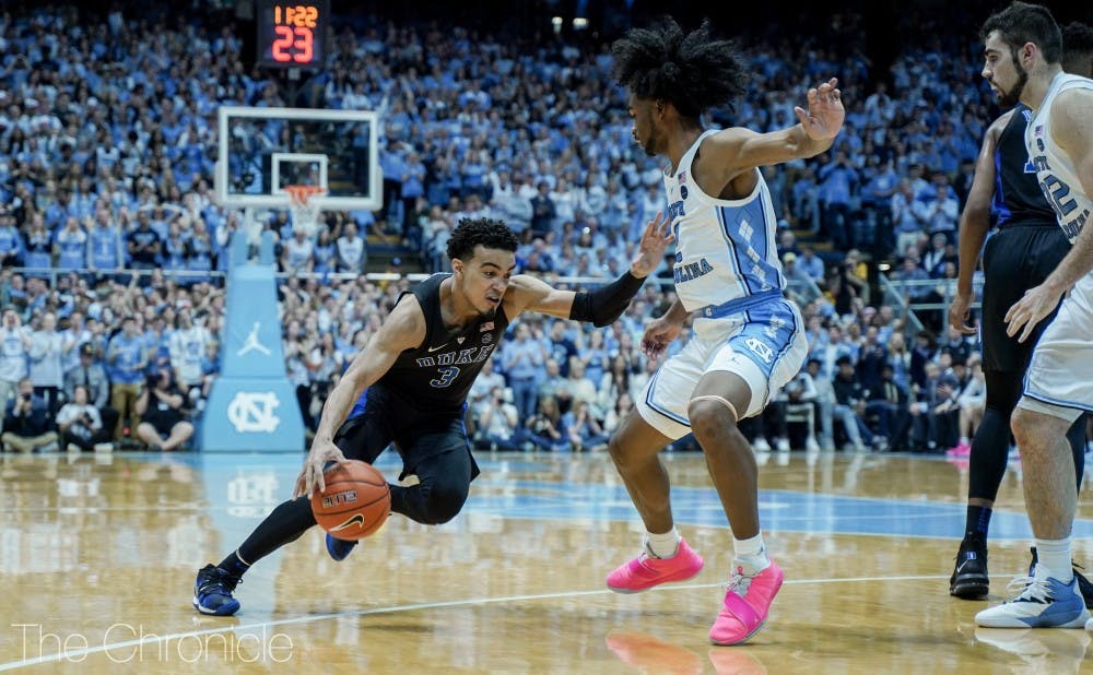 Tre Jones was solid, but his counterpart, North Carolina's Coby White, was electric, scoring 14 of his 21 points after halftime and sparking the Tar Heels.