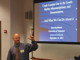 Samuel MacMaster, assistant professor at the University of Tennessee, spoke about misconceptions about crack cocaine at Duke’s first ever Crack Summit Wednesday.