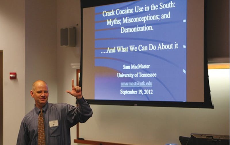 Samuel MacMaster, assistant professor at the University of Tennessee, spoke about misconceptions about crack cocaine at Duke’s first ever Crack Summit Wednesday.