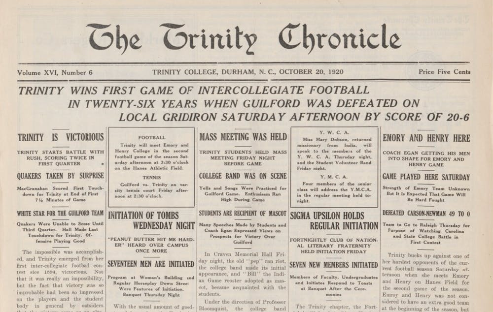 <p>The front page of The Trinity Chronicle following the 20-6 win against Guilford.</p>