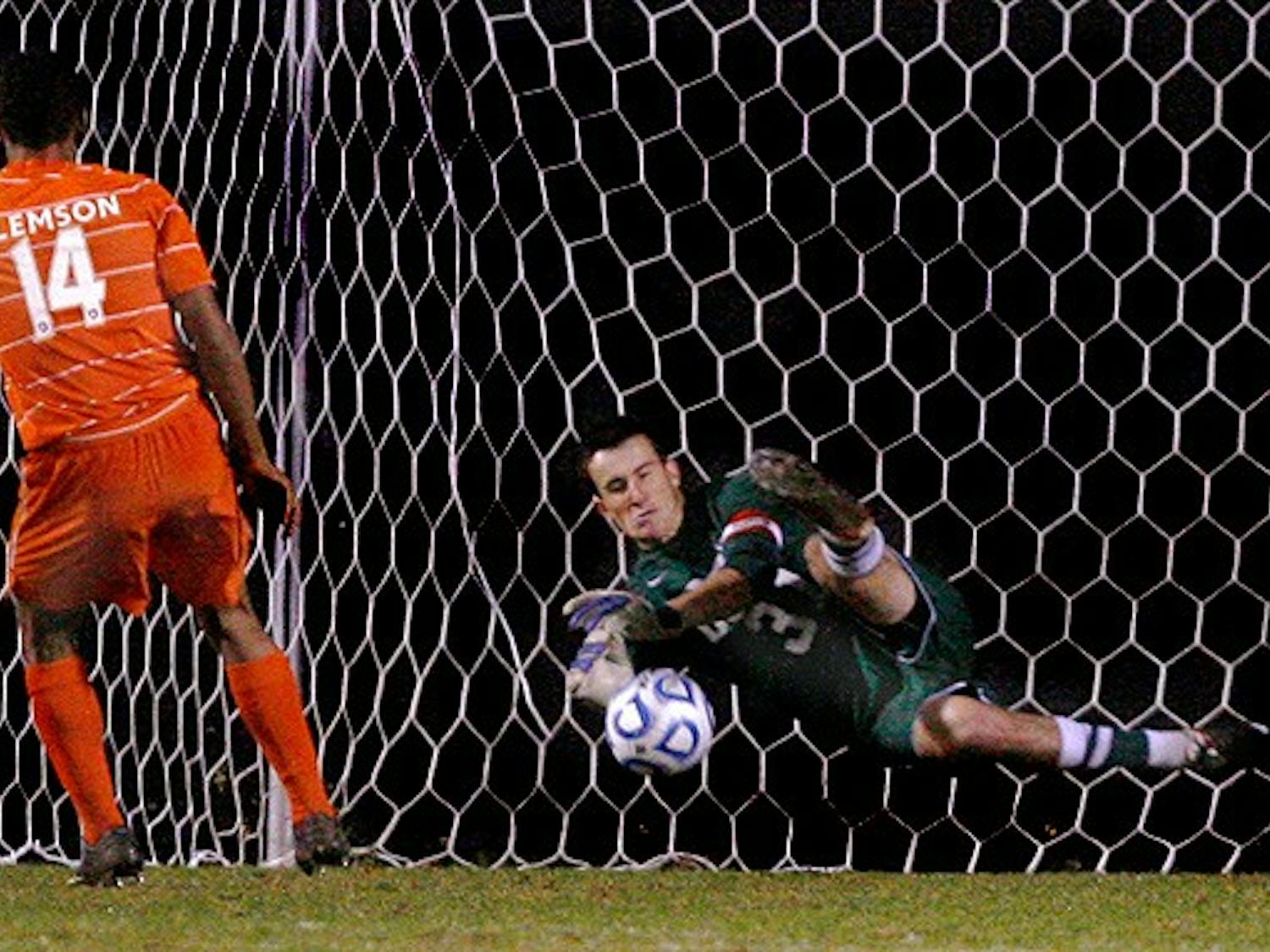 James Belshaw makes the game-winning save in penalty kicks against Clemson Tuesday night.
