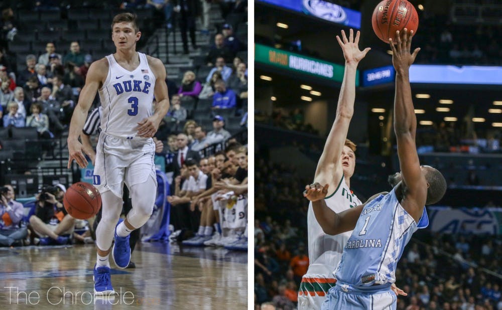 <p>Grayson Allen and Theo Pinson both scored more than 20 points in ACC quarterfinal wins.</p>