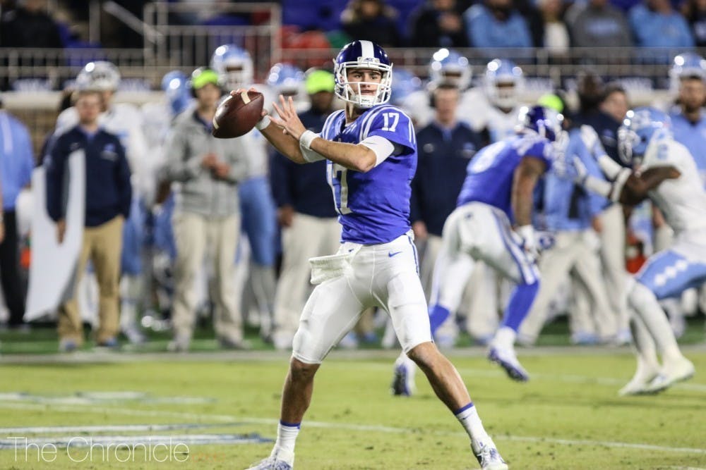 <p>Jones led Duke to its first consecutive bowl game victories in program history in 2017 and 2018, winning MVP each time</p>