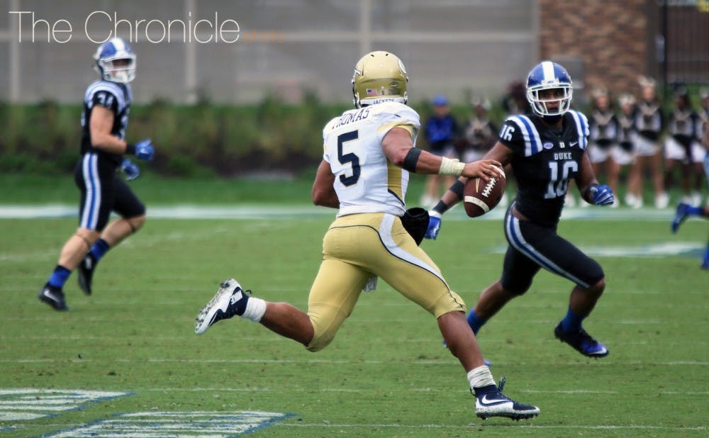 Quarterback Justin Thomas and Georgia Tech's dangerous triple-option offense have not been able to figure out Duke's defense in the teams' last two matchups.&nbsp;
