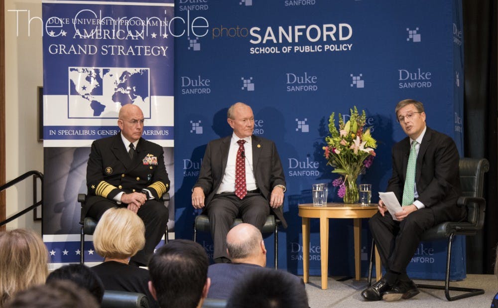 <p>Naval Admiral Kurt W. Tidd (left),&nbsp;Rubenstein Fellow Martin Dempsey (center) and Professor of Political Science Peter Feaver (right) discussed the&nbsp;United States' stake in Latin America Monday night.</p>