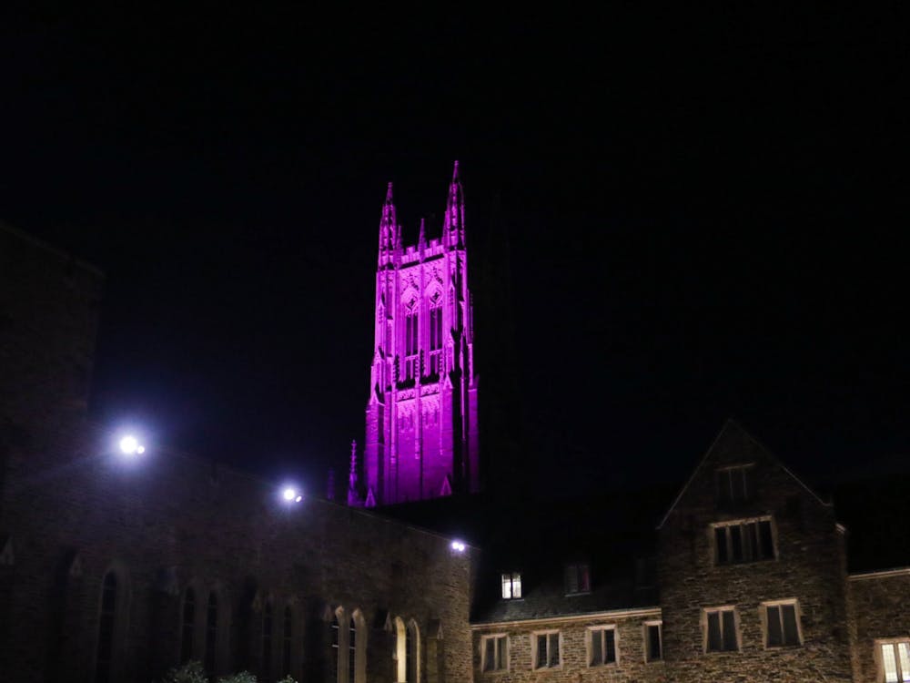 <p>Duke Chapel was lit up bright pink for the past month, generating speculation as to the meaning behind the color.</p>