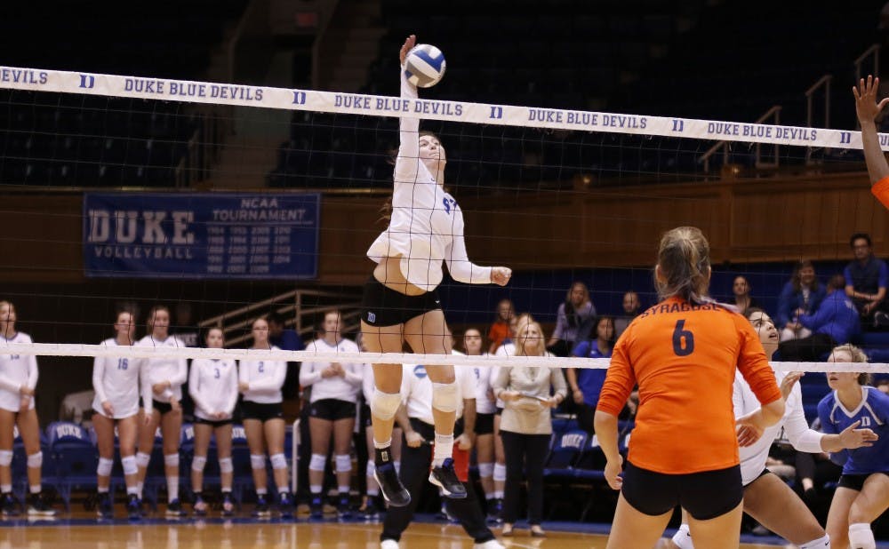 <p>Senior Emily Sklar picked up a double-double with 18 kills and 16 digs, but it was not enough to prevent a home loss for the Blue Devils against Syracuse Friday morning.</p>