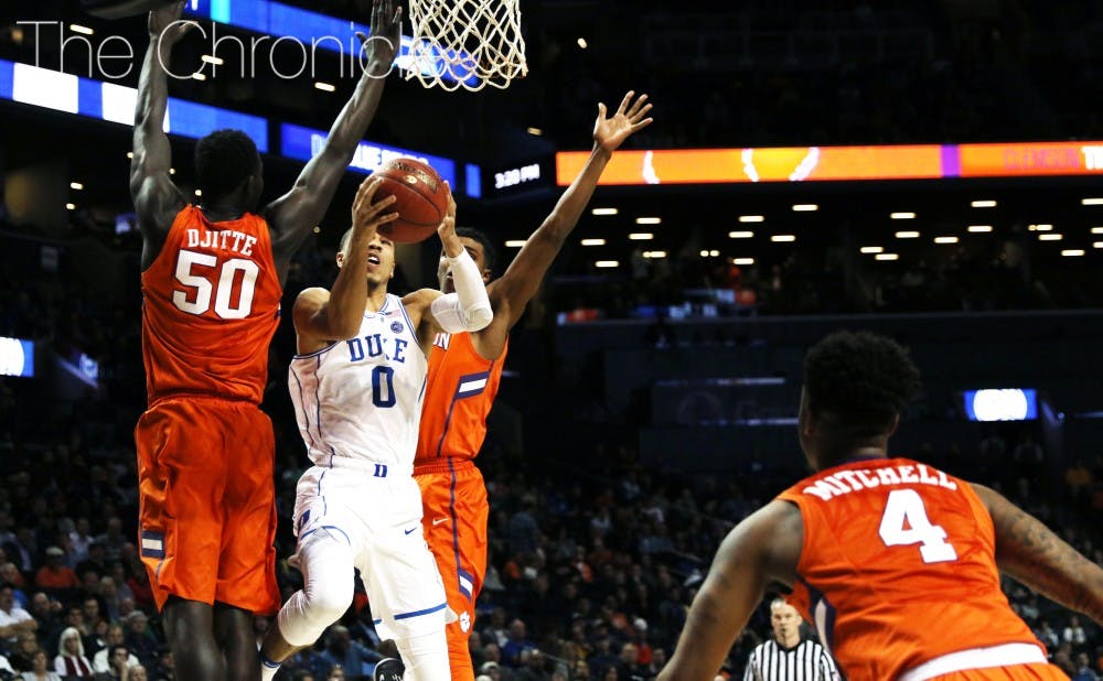 <p>Jayson Tatum and Amile Jefferson will need to help Duke hold its own around the basket against a physical Louisville team Thursday.</p>