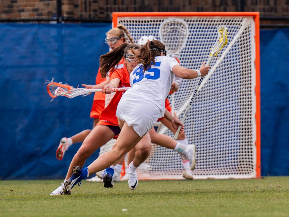 Lexi Schmalz rushes at the goalkeeper during Duke's loss to Clemson.