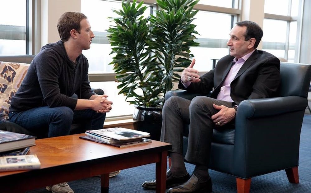 <p>Facebook founder and CEO Mark Zuckerberg visited Duke to talk with men's basketball head coach Mike&nbsp;Krzyzewski.&nbsp;</p>