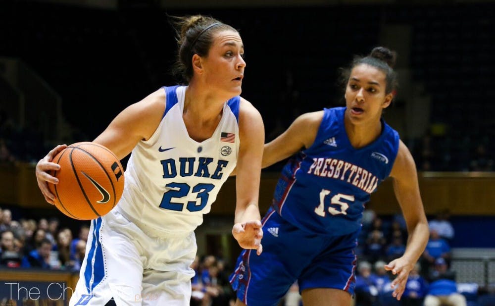 <p>Rebecca Greenwell knocked down five triples to lead Duke to a comfortable victory.</p>