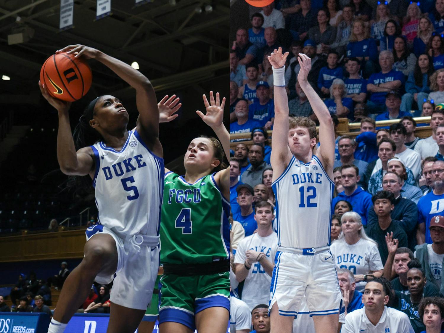 Oluchi Okananwa (left) and TJ Power (right) look to score for the Blue Devils. 
