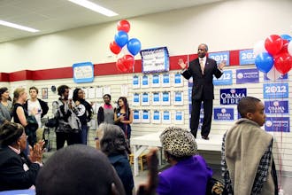 Durham Mayor Bill Bell speaks Wednesday at Barack Obama’s new campaign office in Durham.