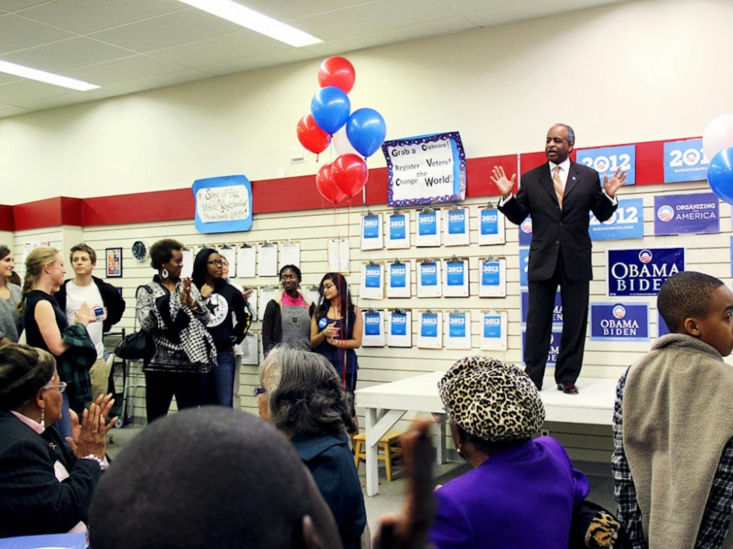 Durham Mayor Bill Bell speaks Wednesday at Barack Obama’s new campaign office in Durham.