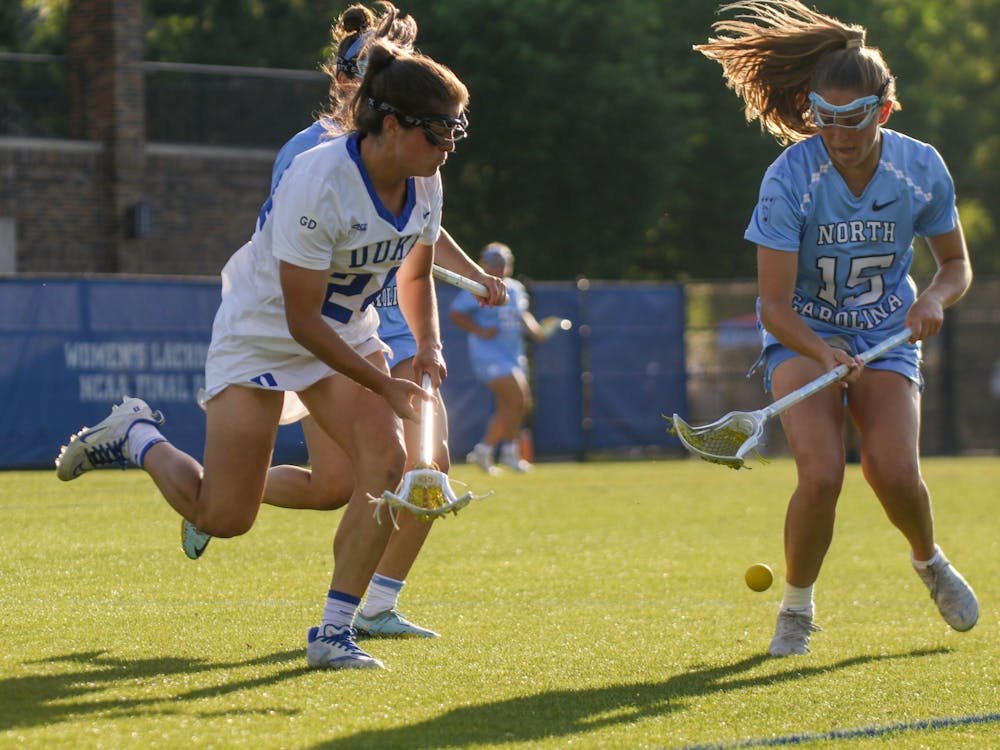 Senior defender Cubby Biscardi, one of 11 Senior Day honorees for the Blue Devils, races for a ground ball in Duke's loss to North Carolina at Koskinen Stadium.