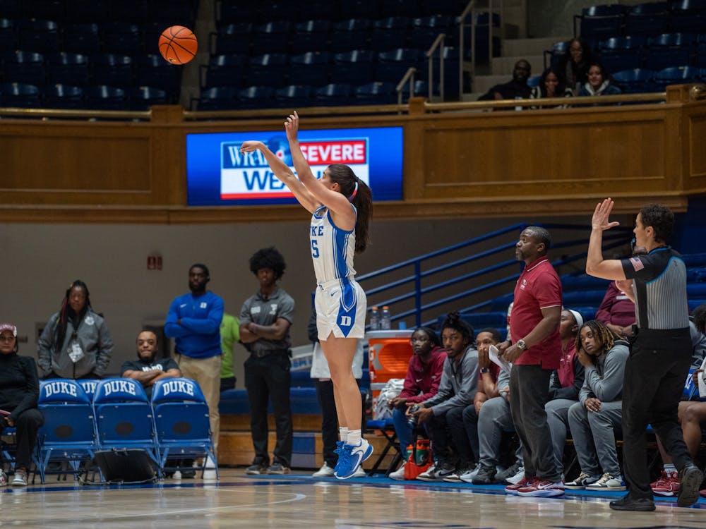 Sophomore guard Emma Koabel shoots a wide-open three during Duke's win against N.C. State.