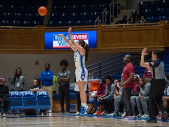 Sophomore guard Emma Koabel shoots a wide-open three during Duke's win against N.C. State.