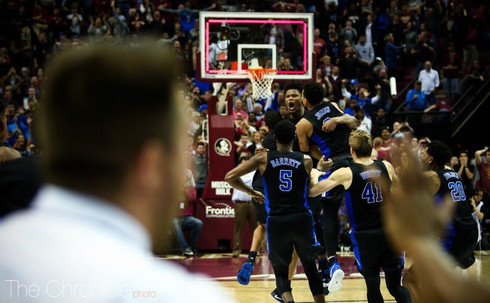 <p>Cam Reddish's triple with 0.8 seconds remaining sent Duke to victory Saturday.</p>