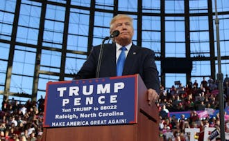 President Donald Trump is pictured here speaking in Raleigh, N.C. during the campaign.