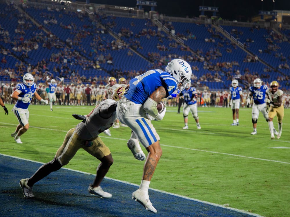 Graduate wideout Eli Pancol hauls in a touchdown pass in Duke's Week 1 win against Elon.