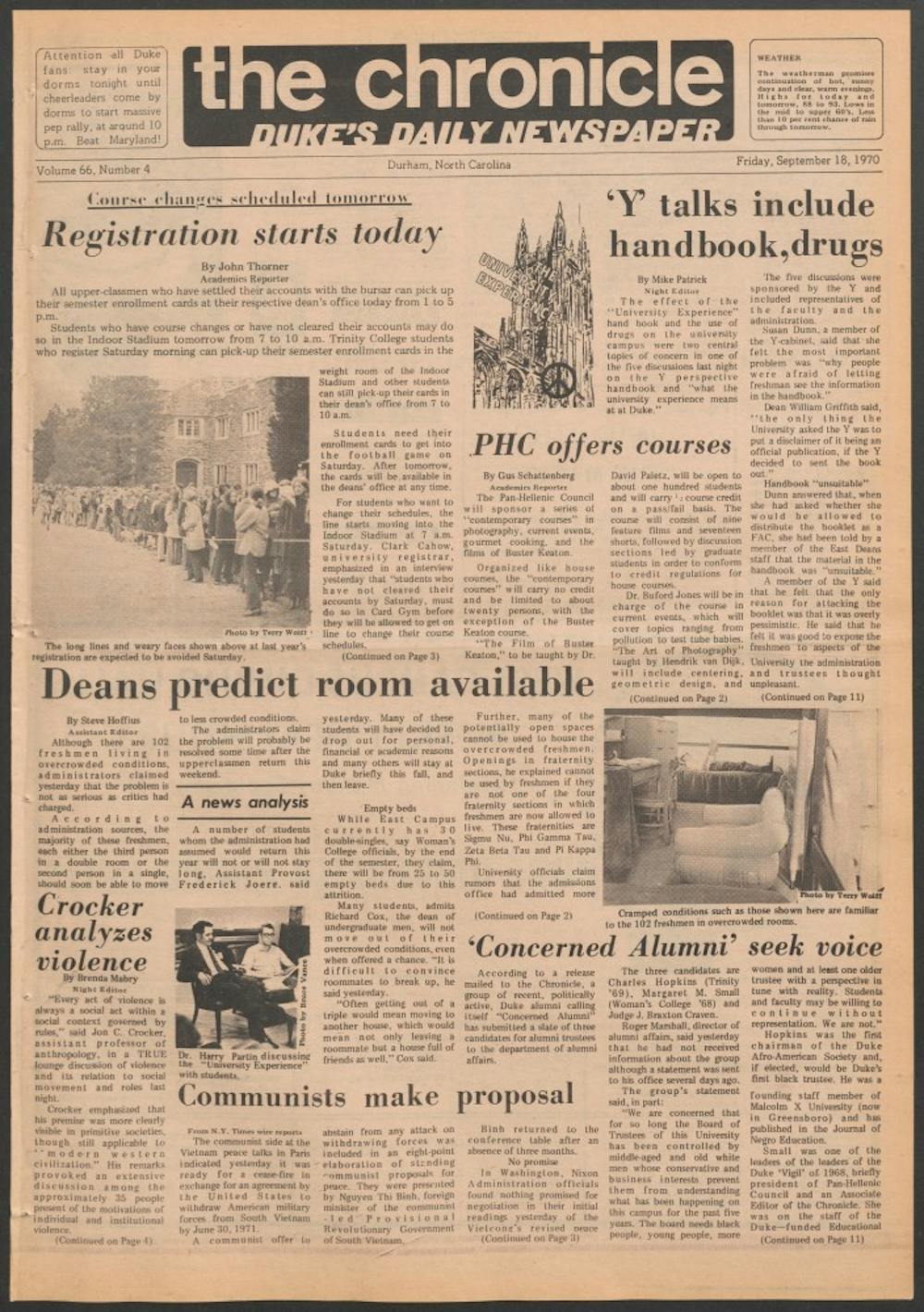 <p>A small note in the top right corner of the Sept. 18, 1970, issue of The Chronicle provided interesting details about an upcoming pep rally.</p>