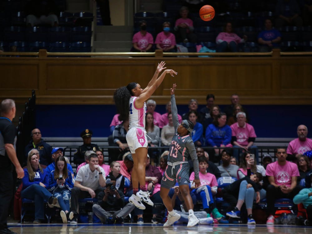 Reigan Richardson shoots from the corner in Duke's win against Miami.