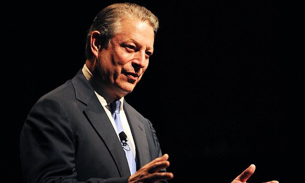 Former Vice President Al Gore emphasizes the climate change movement as a moral issue during a speech in Page Auditorium Thursday night. Gore cited the lack of political will as the major obstacle of climate reform.