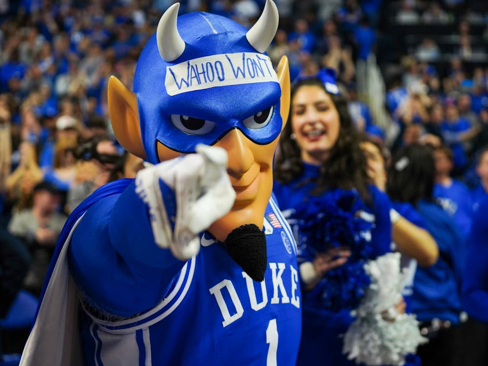 The Blue Devil with its headband reading "Wahoo Won't" at the ACC championship game at Greensboro Coliseum.