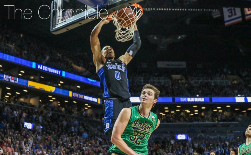 <p>Jayson Tatum scored or assisted on 11 of the Blue Devils' final 12 points to close out Notre Dame and wrap up an exceptional ACC tournament.</p>