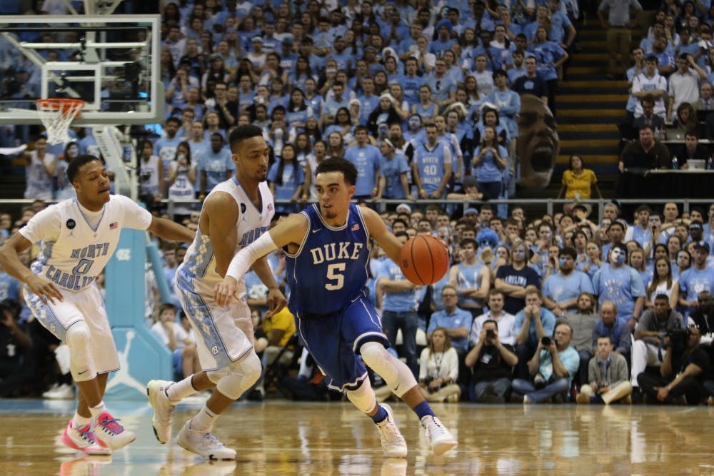 Freshman Tyus Jones combined for 46 points in his two Tobacco Road rivalry games, with 24 coming in Saturday's 84-77 win at North Carolina.
