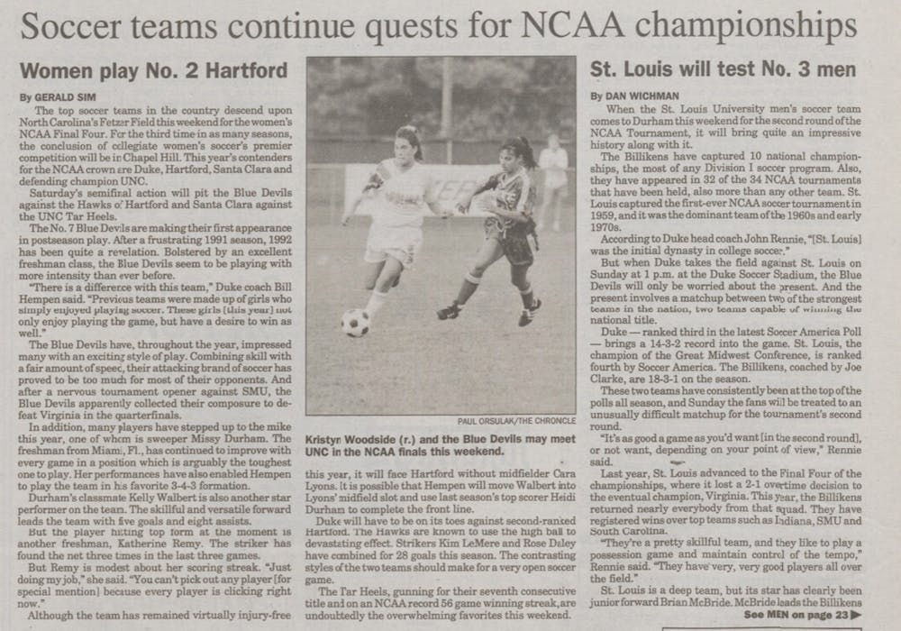 A cutout from the sports section of The Chronicle previewing Duke women's soccer's 1992 matchup against Hartford. 