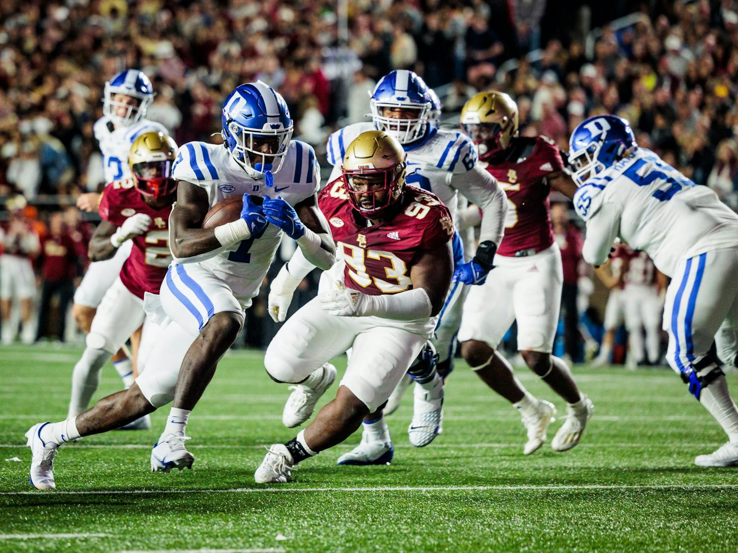 Jordan Waters helped Duke run all over Boston College as the Blue Devils earned their sixth win.