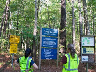 Satterfield, left, and Leininger, right, are part of the inaugural cohort of the Forest Stewards Volunteer Program to help keep recreation sustainable in the University's private research forest.