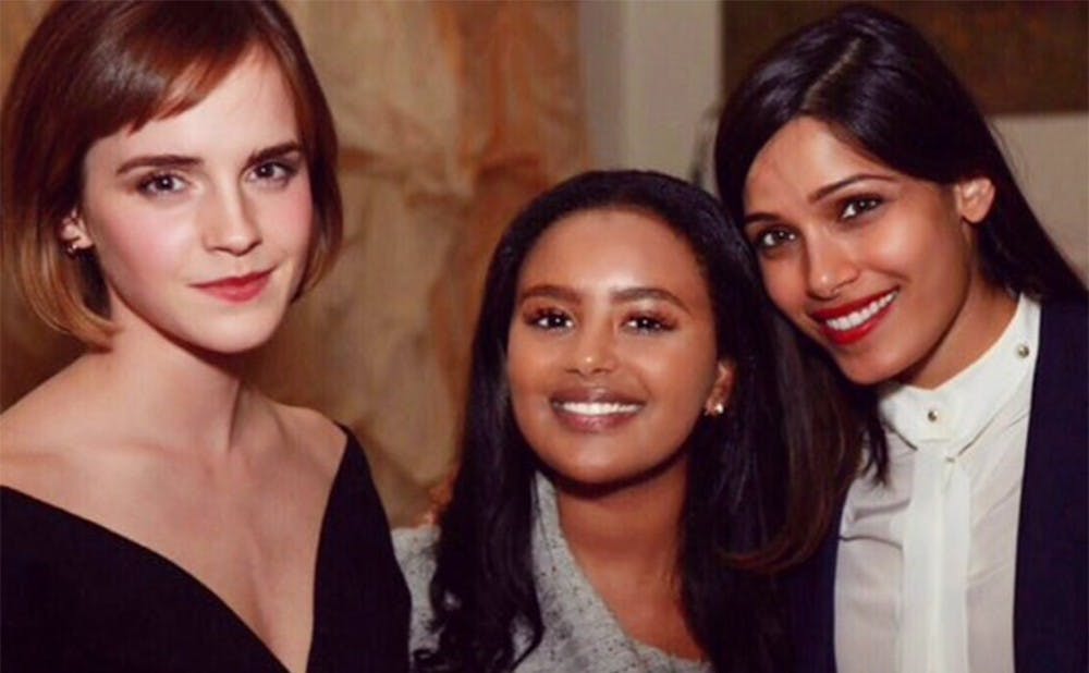 <p>Freshman Hannah Godefa (middle), who founded her own nonprofit, attended the World Economic Forum last week in Switzerland and met actresses Emma Watson and Freida Pinto (also pictured).</p>