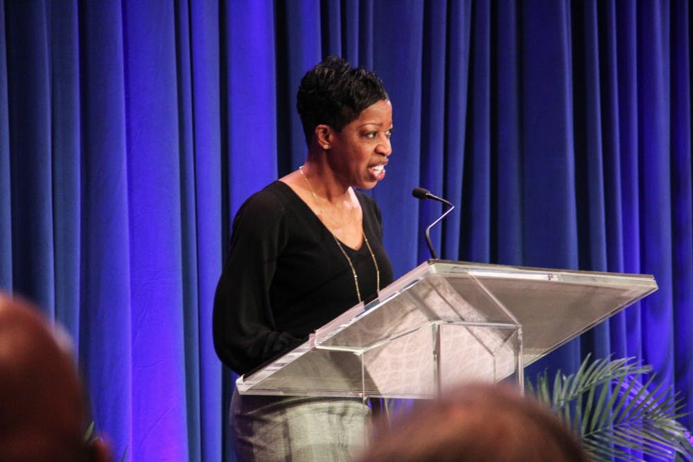 Trinity Dean Valerie Ashby spoke at the Allen Building Takeover commemoration ceremony.