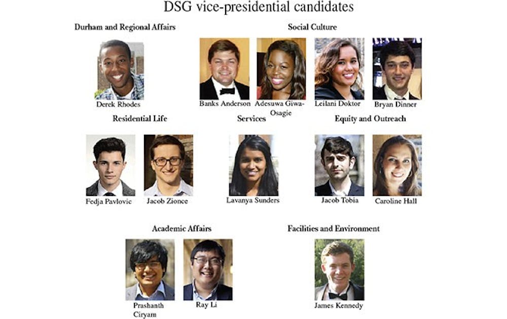 Thirteen students are competing for various vice-presidential seats in Duke Student Government. The student body-wide election will take place April 11.